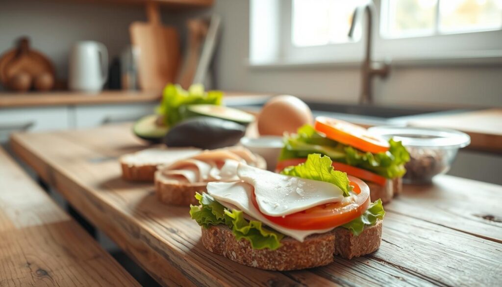 A close-up view of a rustic wooden table in a bright, minimal kitchen. On the table, a variety of fresh ingredients for a high-protein turkey sandwich are neatly arranged: slices of whole-grain bread, thick-cut turkey breast, creamy avocado, crunchy lettuce leaves, juicy tomato slices, and a sprinkle of sea salt. The light from a nearby window casts a warm, natural glow across the scene, highlighting the vibrant colors and textures of the ingredients. The overall mood is one of simplicity, freshness, and healthy nourishment.