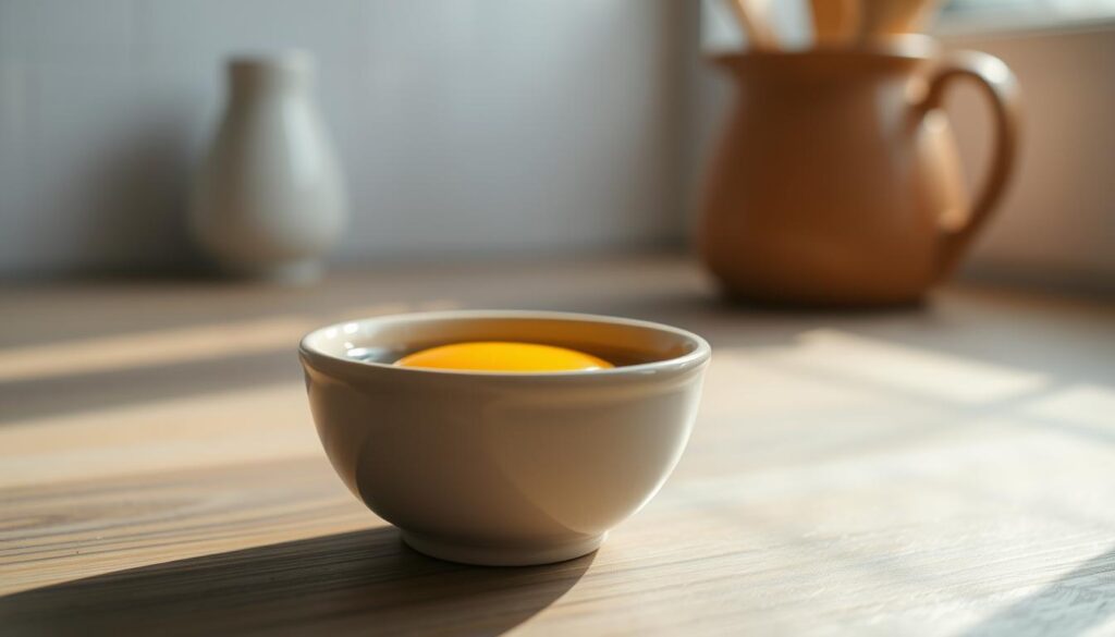 A close-up view of a small, ceramic bowl filled with beaten eggs, their golden-yellow hues glistening under soft, natural lighting filtering through a nearby window. Surrounding the bowl, the smooth, wooden surface of a kitchen counter is accented with subtle blue-grey tones, creating a warm, inviting atmosphere. In the background, the faint outline of a minimal, white-tiled backsplash adds to the sense of simplicity and focus on the essential task at hand - the preparation of an essential ingredient for a delicious, zero-waste breakfast sandwich.