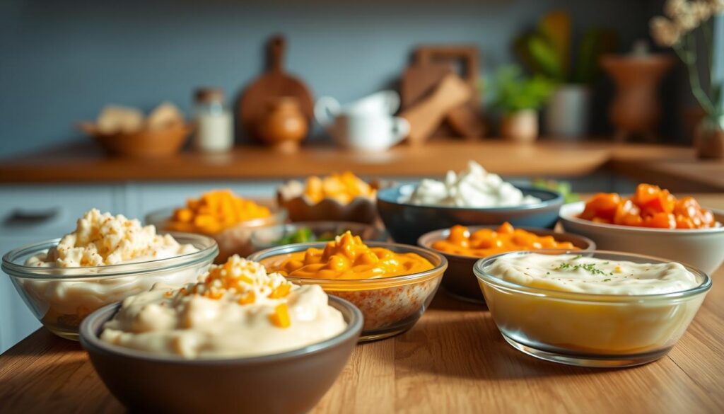 A close-up view of an assortment of cheesy and zesty dips on a wooden kitchen counter, against a backdrop of light blue walls and minimal decor. The dips are arranged in small dishes, showcasing their distinct textures and vibrant colors, ranging from creamy white to golden yellow and vibrant orange. The lighting is soft and warm, casting gentle shadows and highlights that accentuate the dips' inviting appearance. The scene captures the diverse flavors and tempting nature of these dipping options, perfect for accompanying a variety of finger foods.