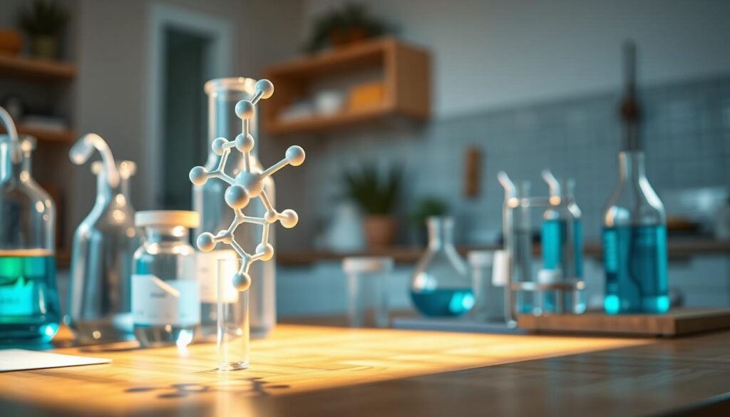 A close-up view of laboratory glassware, test tubes, and scientific equipment arranged on a wooden table with light blue accents. In the foreground, a protein molecule model hovers, illuminated by warm, directional lighting that casts soft shadows. The background fades into a blurred, minimal kitchen setting with hints of natural textures and materials. The overall atmosphere is one of scientific exploration and the pursuit of sustained energy through a deeper understanding of protein science.