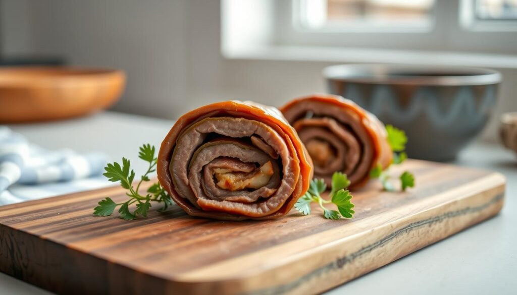 A close-up view of two freshly prepared paleo beef roll-ups, elegantly plated on a rustic wooden board against a minimalist backdrop. The tender slices of beef are tightly wrapped around a flavorful filling, glistening with a light glaze. Surrounding the main subject are a few fresh herbs, adding a touch of greenery to the composition. Soft, natural lighting illuminates the scene, creating a warm and inviting ambiance in the cozy, blue-accented kitchen.