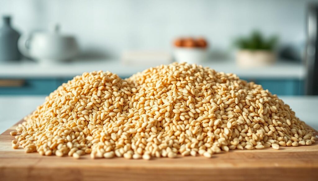A close-up view of various whole grains such as quinoa, barley, and farro, arranged neatly on a wooden cutting board against a minimalist kitchen backdrop with light blue accents. The grains are illuminated by soft, natural lighting, highlighting their distinct textures and tones. The composition emphasizes the varied shapes, sizes, and patterns of the grains, inviting the viewer to explore their unique qualities and potential for enhancing meal prep and eating satisfaction.