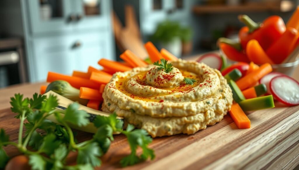 A closeup of a wooden cutting board with a vibrant, chunky zucchini hummus dip, garnished with a drizzle of olive oil, a sprinkle of paprika, and fresh herbs like parsley or dill. The hummus is accompanied by an assortment of colorful vegetable crudités - sliced carrots, bell peppers, and radishes - arranged neatly around the dip. The scene is bathed in soft, natural lighting that highlights the textures and colors of the ingredients, creating a inviting, farm-to-table aesthetic against a backdrop of light blue kitchen cabinets and wooden shelves.