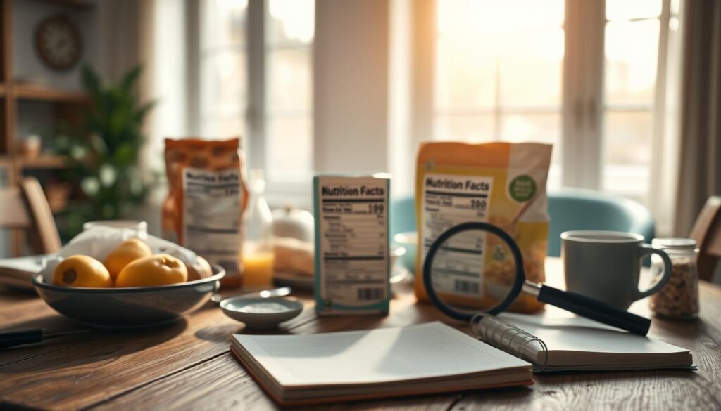 A cluttered breakfast table with various food labels, magnifying glasses, and a notebook. The labels reveal hidden sugars in seemingly healthy breakfast items. Warm, natural lighting filters through large windows, casting a soft glow on the scene. The table surface has a rustic, wooden texture, complemented by light blue accents in the background. The overall atmosphere is one of discovery and investigation, inviting the viewer to closely examine the nutritional information on the labels.