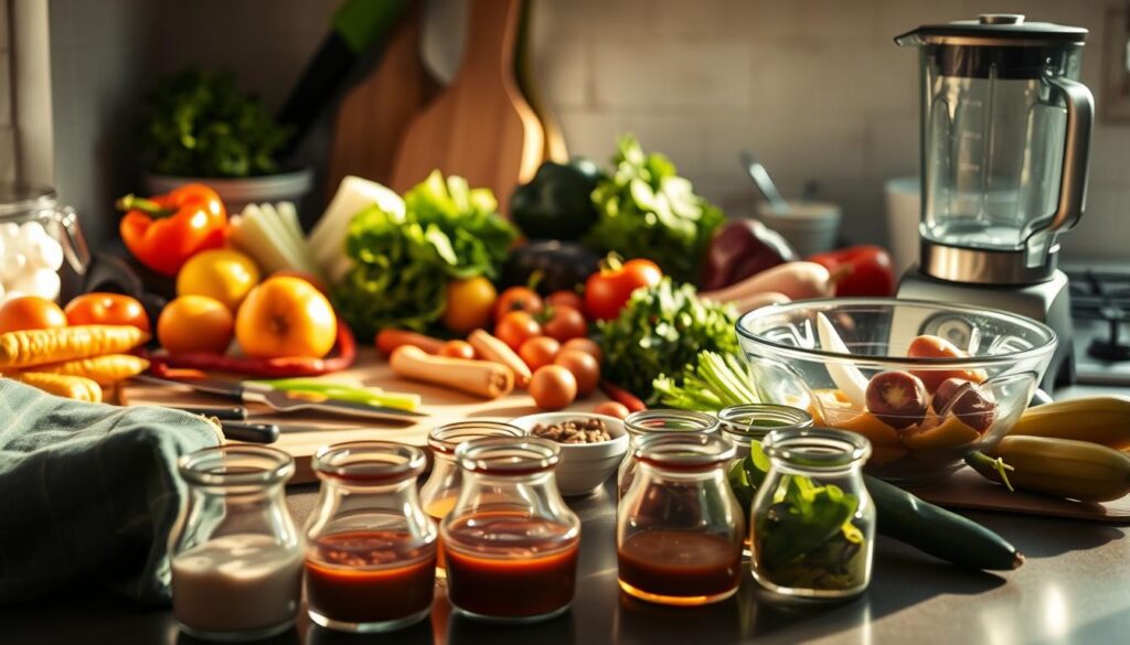 A cluttered kitchen counter filled with an array of fresh, colorful vegetables, a cutting board, and various food prep tools like knives, a large mixing bowl, and a sleek glass blender. Sunlight streams in through the nearby window, casting a warm, hazy glow over the scene. In the foreground, a set of small glass containers filled with different dipping sauces and condiments are artfully arranged, their contents peeking out. The overall atmosphere is one of calm efficiency, with the tools and ingredients suggesting a busy person's meal prep routine.