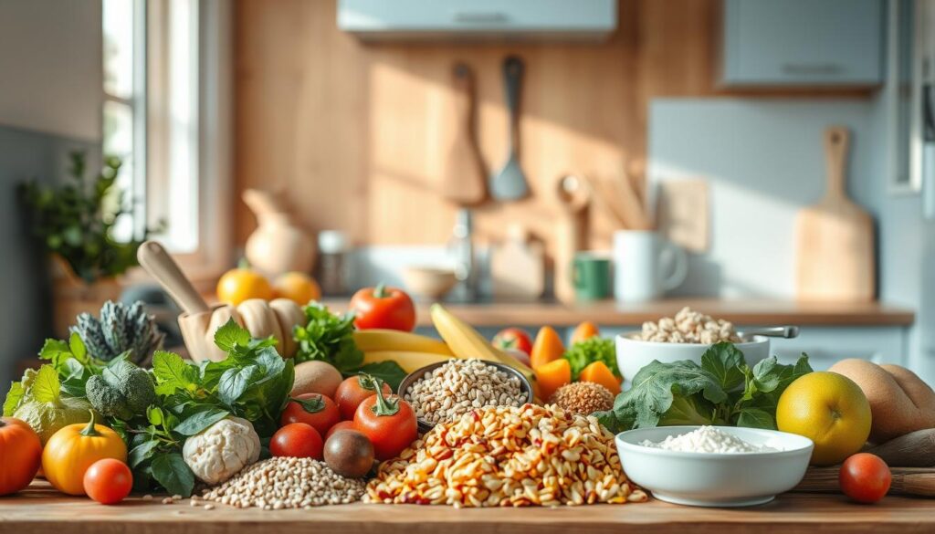 A collage of imaginative meal combinations set against a cozy, minimal kitchen backdrop. In the foreground, an arrangement of vibrant ingredients - fresh produce, grains, and proteins - inviting culinary experimentation. In the middle ground, simple cooking tools and utensils suggest the process of crafting unique dishes. The background features warm wooden textures and light blue accents, creating a serene, inspirational atmosphere for culinary creativity. Natural lighting from a nearby window casts a soft, diffused glow over the scene, emphasizing the textures and colors. No hands are present, allowing the viewer to envision themselves as the chef, free to explore and combine these elements in novel ways.