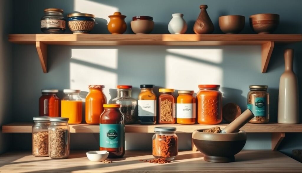 A collection of artfully arranged sauces, spices, and seasonings in a cozy, minimalist kitchen setting. Vibrant glass jars filled with paprika, turmeric, cumin, and other flavorful essentials line the wooden shelves, casting warm shadows on the soft blue walls. A mortar and pestle sit nearby, hinting at the blending of flavors. The scene evokes a sense of culinary inspiration and the promise of transforming simple pantry staples into delicious, nourishing meals.