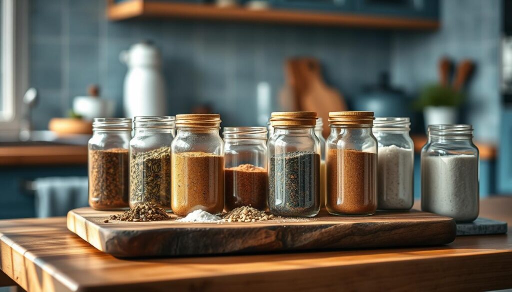 A collection of artisanal seasoning blends neatly arranged on a rustic wooden cutting board, casting subtle shadows in the warm, diffused lighting of a cozy kitchen. Jars filled with an array of fragrant spices, herbs, and salts create a visually striking still life, hinting at the flavorful possibilities for sheet pan dinners. The soft blue accents of the minimalist kitchen decor lend a soothing, inviting atmosphere, drawing the eye to the center of the composition.