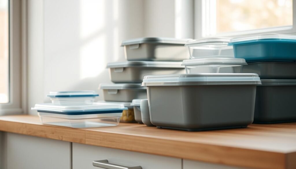 A collection of budget-friendly meal prep storage containers arranged neatly on a wooden kitchen counter. The containers are a mix of simple plastic and glass designs in muted tones of blue, gray, and white. Soft, natural lighting filters in through a nearby window, casting a warm, inviting glow over the minimalist setup. The overall scene conveys a sense of organization, efficiency, and practicality - perfectly capturing the essence of 