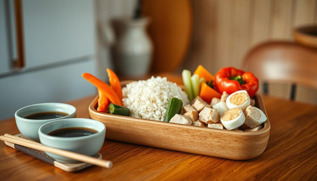 A collection of essential bento box ingredients arranged on a wooden table in a cozy, minimalist kitchen. Crisp vegetables like carrots, cucumber, and bell peppers sit alongside perfectly cooked rice, boiled eggs, and bite-sized pieces of chicken or tofu. A light blue ceramic bowl filled with soy sauce and a pair of wooden chopsticks complete the scene, bathed in warm, natural lighting that accentuates the fresh, vibrant colors and textures. The composition is balanced and visually appealing, reflecting the simplicity and care inherent in crafting a nourishing, visually striking cold lunch bento.
