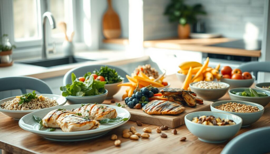 A collection of healthy, high-protein meal ideas arranged neatly on a wooden table in a cozy kitchen. Grilled chicken breasts, roasted vegetables, quinoa bowls, and a selection of fresh fruits and nuts are elegantly displayed, bathed in soft, natural light. The minimalist, Scandinavian-inspired decor, with light blue accents, creates a serene and inviting atmosphere, inspiring viewers to plan their weekly high-protein lunch prep.