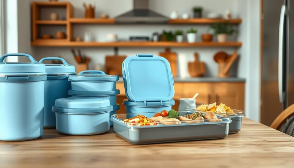 A collection of high-quality, leak-proof lunch containers arranged on a wooden table in a cozy, minimalist kitchen. The containers feature sleek, streamlined designs in light blue hues, complementing the warm wooden textures and accents. Soft, natural lighting illuminates the scene, creating a serene, inviting atmosphere. The containers are showcased in a way that highlights their practicality and suitability for packing delicious, portable meals without the risk of spills or leaks.