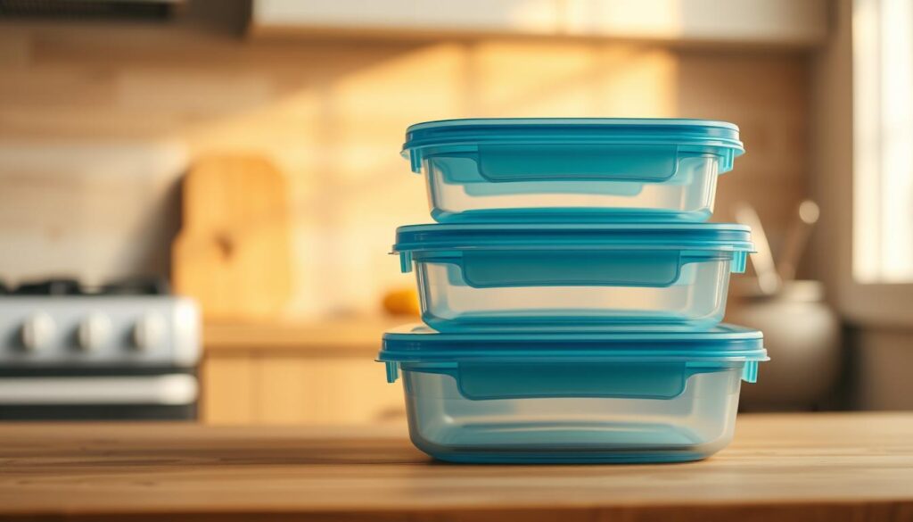 A collection of high-quality, stackable meal prep containers arranged neatly on a wooden kitchen counter. The containers are made of clear plastic with durable, airtight lids in a soft blue color. The lighting is warm and natural, creating a cozy, inviting atmosphere. The overall composition highlights the practical and aesthetically pleasing nature of these essential tools for successful meal prepping. The minimal, uncluttered setting with wooden textures emphasizes the organization and simplicity required for an effective meal prep routine.