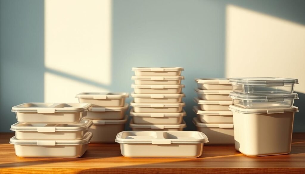 A collection of innovative meal prep containers featuring sleek, modular designs with built-in dividers and leak-proof seals, arranged on a wood-grain kitchen counter against a light blue wall. The containers are illuminated by warm, diffused lighting, casting soft shadows and highlighting their clean, minimalist aesthetic. The overall mood is one of functional elegance and organization, perfectly suited for a busy home cook preparing healthy meals for the workweek.