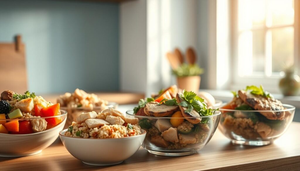A collection of meal prep bowls filled with a variety of nutritious ingredients - roasted vegetables, quinoa, grilled chicken, and a scattering of fresh herbs. The bowls are arranged on a wooden kitchen counter, the soft blue tones of the walls creating a soothing, minimal atmosphere. Warm, natural light filters in through a window, casting a gentle glow over the scene. The overall impression is one of simplicity, efficiency, and a commitment to healthy, balanced eating - perfect for busy weekday office lunches.