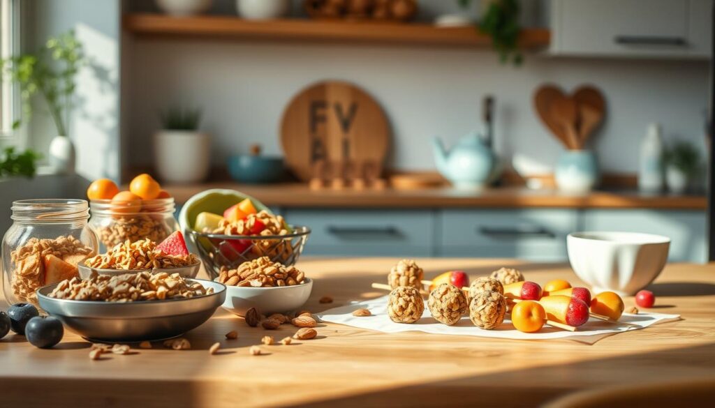 A collection of no-bake snack recipes arranged on a wooden kitchen counter, bathed in soft, natural light. In the foreground, a variety of healthy ingredients such as fresh fruits, nuts, and granola are elegantly displayed. In the middle ground, a few simple, yet delicious-looking no-bake treats, like energy bites and fruit skewers, are presented in a visually appealing manner. The background features minimalist kitchen decor, including light blue accents and a hint of greenery, creating a calming, inviting atmosphere. The overall scene conveys a sense of effortless, wholesome nourishment to power the day.