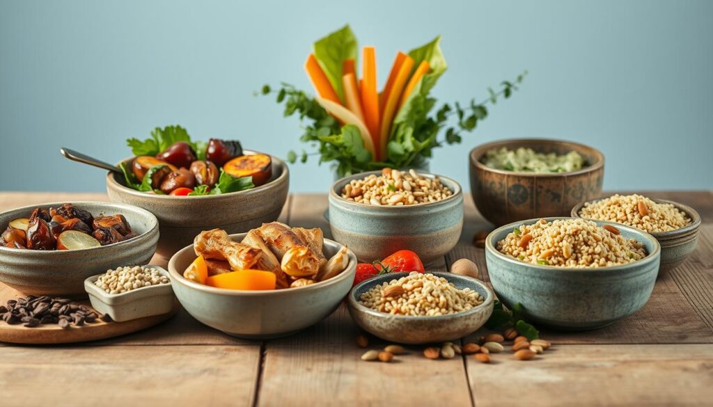 A collection of nourishing protein-rich lunch recipes arranged on a wooden table, against a minimalist backdrop of soft blue accents. Rustic bowls and plates filled with fresh ingredients like grilled chicken, roasted vegetables, quinoa, and a variety of nuts and seeds. The lighting is natural and diffused, highlighting the rich textures and vibrant colors. An inviting and clean composition that evokes a sense of wholesome, energizing sustenance.