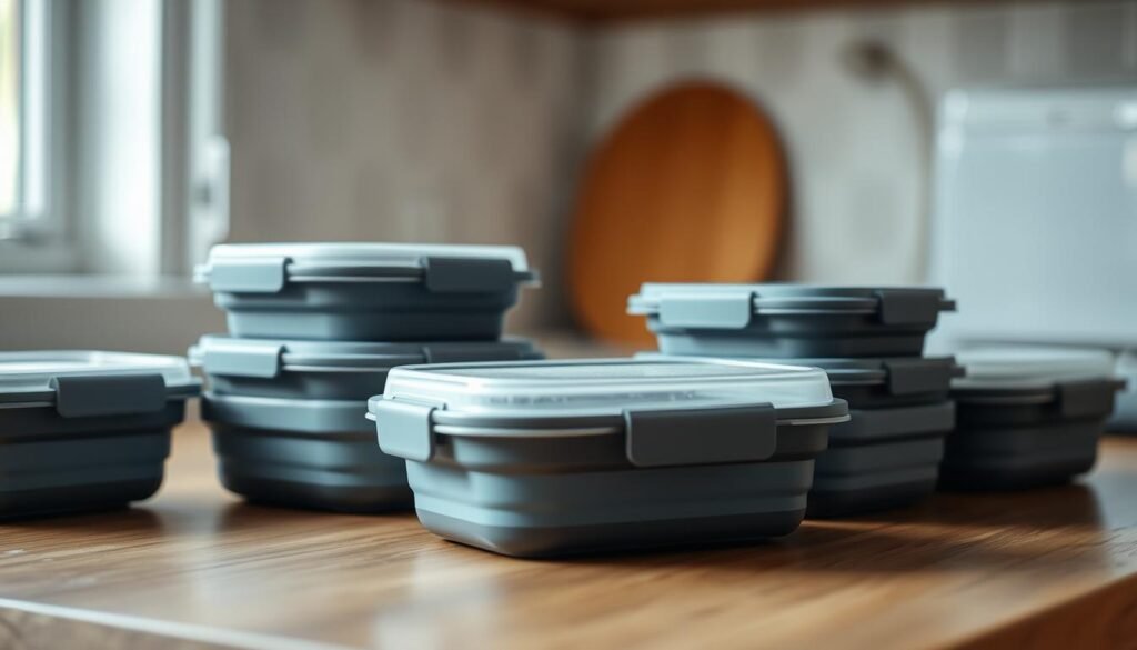 A collection of sleek, collapsible food containers made of insulated, BPA-free materials, nestled on a wooden kitchen counter. Soft, natural light filters in, casting gentle shadows and highlighting the containers' streamlined silhouettes and muted blue accents. The scene conveys a sense of practicality and minimalist elegance, perfectly suited for preparing and storing meals for the workday ahead.