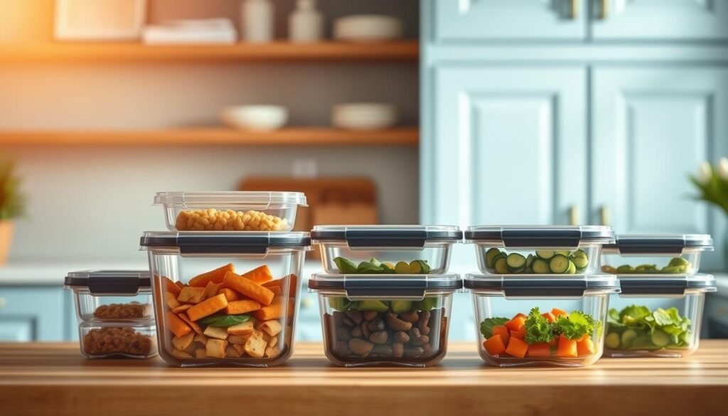 A collection of sleek, modern meal prep containers arranged neatly on a wooden kitchen countertop. The containers are made of durable, transparent plastic with tight-fitting lids, allowing for easy visibility of the fresh, healthy meals within. Warm, natural light filters in through a nearby window, creating a soft, inviting atmosphere. The containers are placed against a backdrop of light blue cabinetry, adding a touch of calm and organization to the scene. The overall composition conveys a sense of efficiency, preparedness, and a dedication to maintaining a nutritious lifestyle.