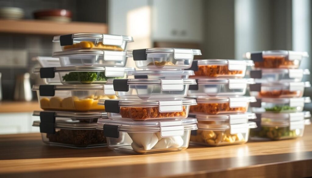A collection of stackable, clear plastic meal prep containers arranged neatly on a wooden kitchen counter. The containers have secure locking lids, allowing easy freezing and reheating of homemade meals. Soft, indirect lighting casts a warm glow, highlighting the sleek, functional design of the containers. The scene conveys a sense of organization and preparedness, perfect for the 