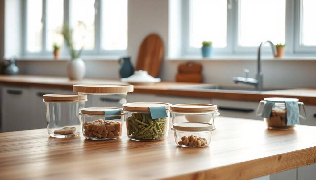 A collection of sustainable food storage containers rests on a wooden countertop in a cozy, minimalist kitchen. The containers, made of glass and bamboo, are illuminated by soft, natural lighting that filters in through large windows. Subtle blue accents, such as a ceramic vase or a small kitchen towel, add a calming touch to the scene. The overall atmosphere is one of simplicity, functionality, and environmental consciousness, perfectly capturing the essence of 