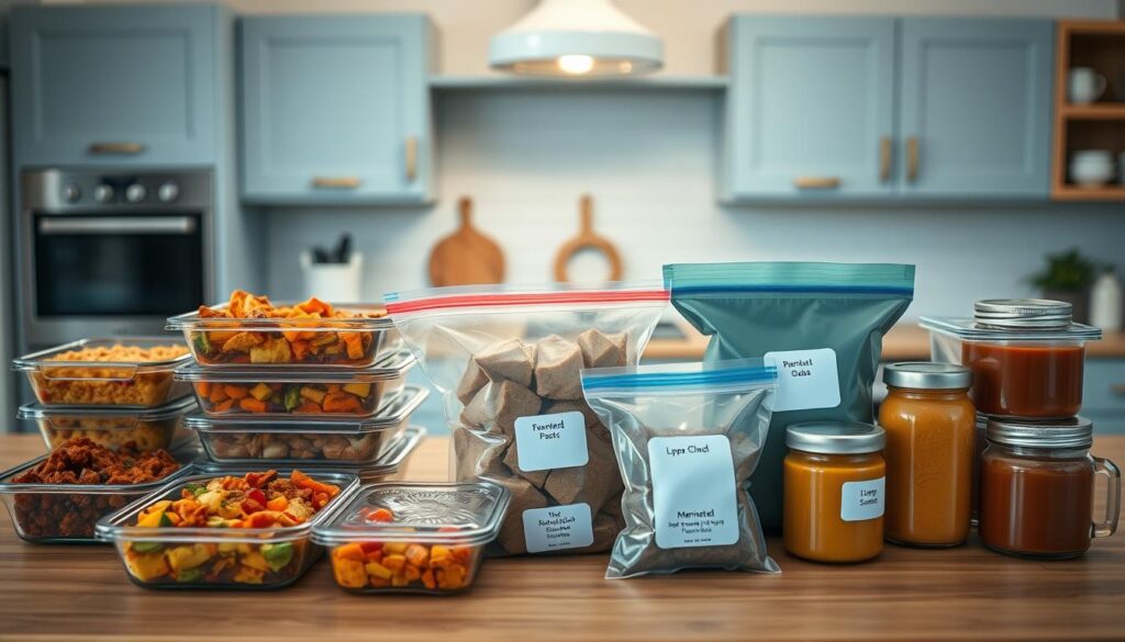 A collection of various freezer-friendly meal prep dishes arranged neatly on a wooden kitchen counter. The foreground features a selection of glass containers filled with hearty stews, baked casseroles, and portioned-out servings of roasted vegetables. In the middle ground, a few reusable silicone bags containing marinated proteins and frozen smoothie packs rest alongside labeled glass jars of homemade sauces and dips. The background showcases a minimalist kitchen with light blue cabinets, natural wood accents, and a simple pendant light casting a warm glow over the scene, creating a cozy, organized atmosphere ideal for meal prepping.