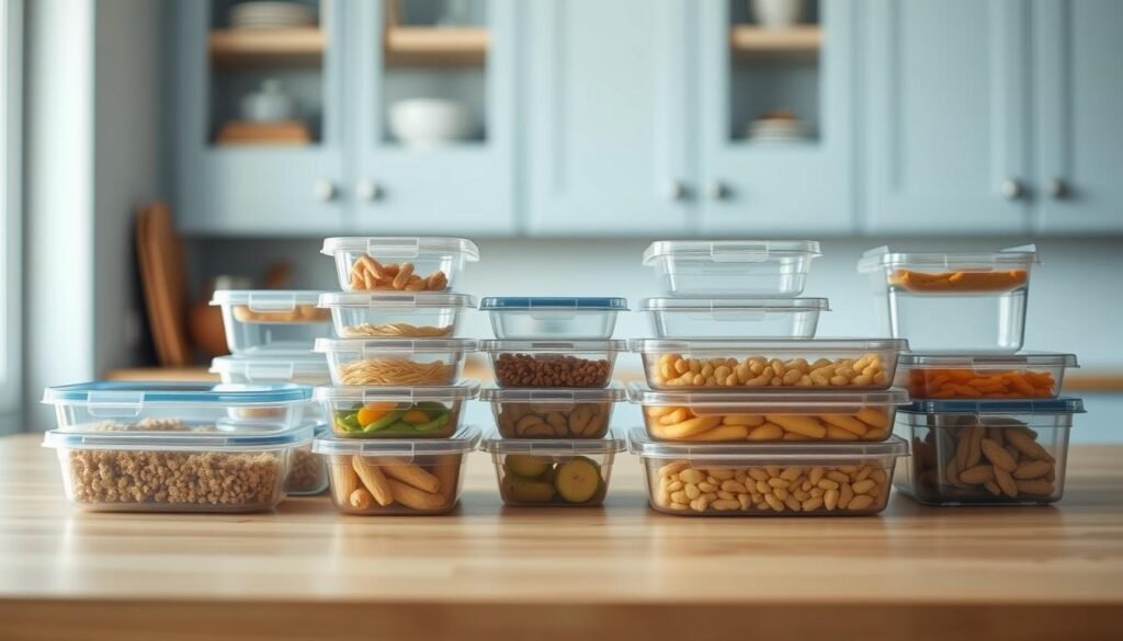 A collection of various meal prep containers arranged neatly on a wooden kitchen counter, bathed in soft, natural lighting. The containers are made of clear, durable plastic with airtight lids, in a range of sizes and shapes suitable for different meal components. The containers are set against a backdrop of light blue kitchen cabinets, creating a calming, organized atmosphere. The scene conveys a sense of efficiency and mindfulness, perfect for planning healthy, portion-controlled meals.