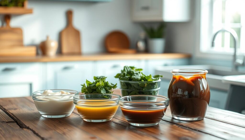A collection of versatile dipping sauces displayed on a rustic wooden table in a cozy kitchen. The sauces, presented in various glass bowls, feature a range of colors and textures, including creamy garlic aioli, tangy balsamic reduction, vibrant green pesto, and rich chocolate-caramel sauce. Soft natural lighting from a window illuminates the scene, casting gentle shadows and highlighting the nuanced hues of the sauces. The minimalist kitchen design, with light blue accents, provides a clean, inviting backdrop, allowing the sauces to be the focal point and emphasizing their versatility for dinner meal prep.