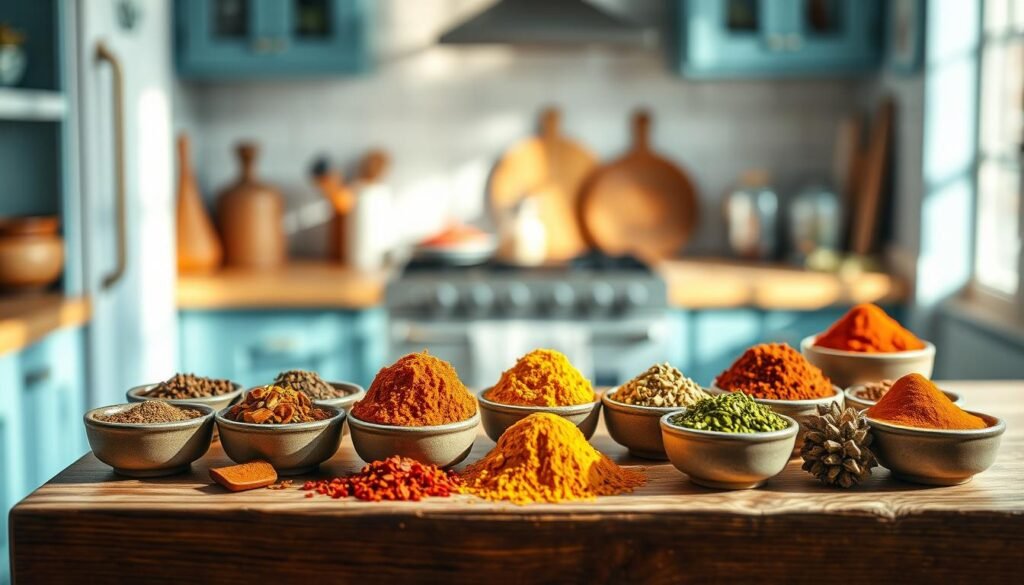 A collection of vibrantly colored international seasoning blends, artfully arranged on a rustic wooden surface in a cozy, minimalist kitchen with light blue accents. The spices, including cumin, paprika, turmeric, and garam masala, are neatly organized in small ceramic bowls, casting warm shadows under soft, diffused lighting. The scene conveys a sense of global culinary exploration and balanced, flavorful meal preparation.