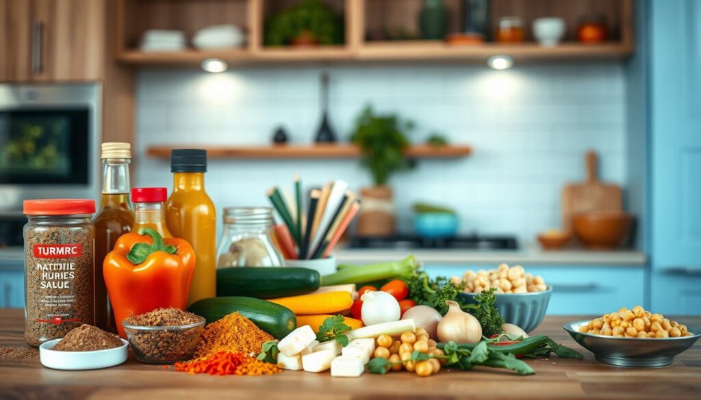 A colorful and diverse assortment of international meal prep ingredients artfully arranged on a wooden kitchen counter. In the foreground, a variety of spices, herbs, and condiments including cumin, paprika, turmeric, soy sauce, and sesame oil. In the middle ground, an assortment of fresh vegetables such as bell peppers, zucchini, and onions, alongside a selection of protein sources like chicken, tofu, and chickpeas. In the background, a minimalist kitchen setting with light blue accents and natural wooden textures, creating a warm and inviting atmosphere. The scene is illuminated by soft, natural lighting, capturing the vibrant colors and textures of the international flavors.