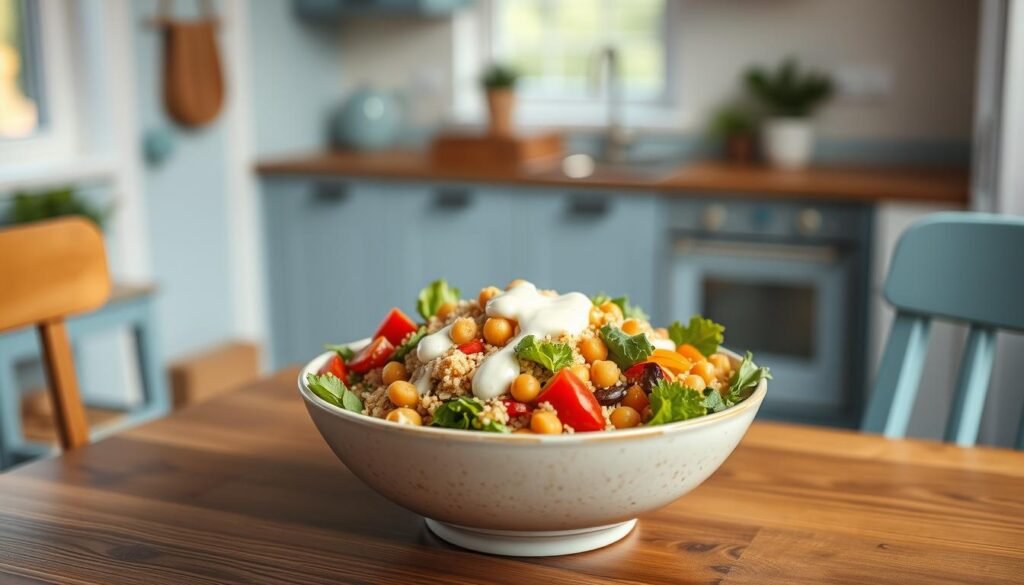 A colorful and nourishing chickpea quinoa salad bowl sits atop a wooden table, surrounded by a cozy, minimal kitchen with light blue accents. The salad is brimming with vibrant vegetables, tender chickpeas, fluffy quinoa, and a drizzle of creamy dressing. The warm lighting casts a soft glow, highlighting the fresh, wholesome ingredients. The overall scene exudes a sense of simplicity and intentionality, perfectly capturing the essence of a quick, yet satisfying office lunch.