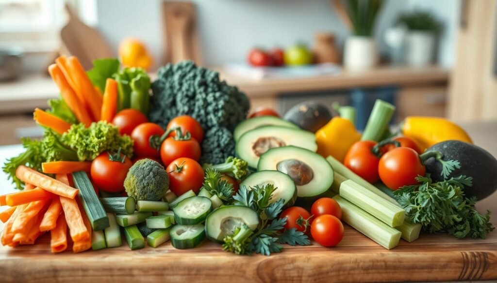 A colorful and visually appealing array of fresh vegetables, thoughtfully arranged on a large wooden cutting board. In the foreground, an assortment of crunchy carrot sticks, cucumber slices, and bright red cherry tomatoes, complemented by vibrant green broccoli florets and baby bell peppers. The middle ground features a selection of creamy avocado slices and crisp celery stalks, while the background showcases a few juicy grape tomatoes and a scattering of fresh herbs. The lighting is soft and natural, casting a warm glow over the scene, and the overall composition creates a welcoming, kid-friendly atmosphere in the cozy, minimal kitchen with its light blue accents and wooden textures.