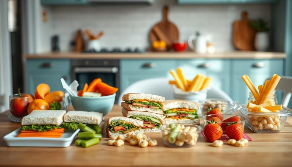 A colorful assortment of kid-friendly cold lunch options arranged neatly on a wooden table in a cozy, minimal kitchen with light blue accents. An array of healthy sandwiches, veggie sticks, fresh fruit, and bite-sized snacks fill the frame. Soft, natural lighting bathes the scene, creating a warm, inviting atmosphere. The composition emphasizes portion control and visual appeal, encouraging a balanced and nutritious midday meal.