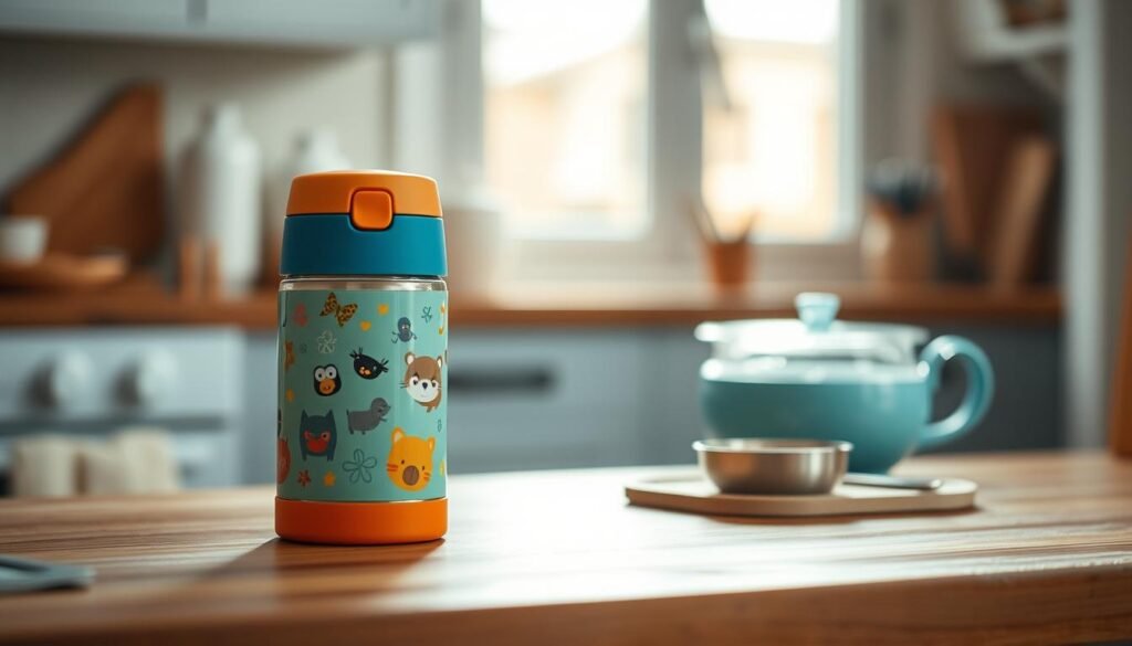 A colorful, kid-friendly thermos sits on a wooden kitchen counter, its vibrant design featuring playful illustrations of animals or cartoon characters. The thermos is accompanied by a small bowl or container, hinting at the warm, nutritious meal it holds within. Soft, natural lighting filters in through a nearby window, casting a gentle glow on the scene. The overall atmosphere is one of comfort and practicality, perfectly suited for a family's lunchtime routine.