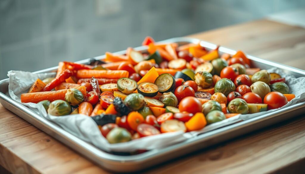 A colorful vegan sheet pan dish featuring a variety of roasted vegetables arranged in a visually appealing way, with a mix of carrots, bell peppers, zucchini, Brussels sprouts, and cherry tomatoes. The vegetables are lightly seasoned, creating a harmonious blend of flavors. The sheet pan is placed on a wooden kitchen counter, with light blue accents in the background, creating a cozy and minimal atmosphere. The lighting is natural, softly illuminating the scene and enhancing the vibrant colors of the produce. The angle showcases the impressive array of vegetables, inviting the viewer to imagine the delicious and nourishing meal.