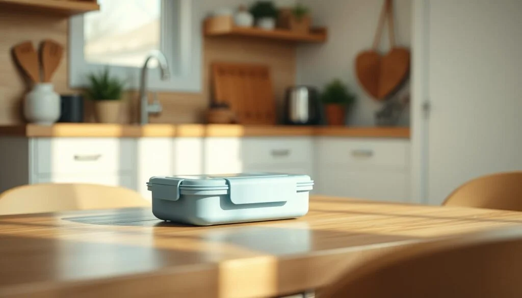 A compact, bento-style lunch box sits on a wooden table in a cozy, minimal kitchen. The box features a sleek, rectangular design with soft blue accents, complementing the warm, natural tones of the surrounding space. The scene is bathed in soft, natural lighting, creating a serene and inviting atmosphere. The lunch box appears practical and efficient, perfectly suited for an office worker's meal prepping needs.