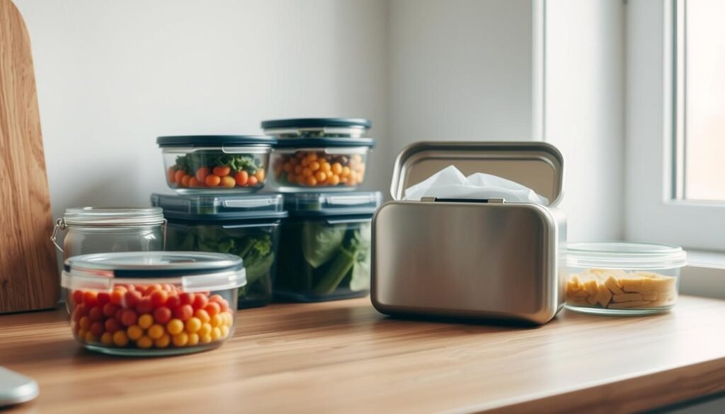 A compact, organized meal prep station sits on a wooden countertop. Assorted glass containers, each filled with fresh, colorful ingredients, are neatly arranged. A sleek, brushed metal lunchbox stands ready, its compartments awaiting the day's homemade meal. Soft, natural light filters in through a nearby window, casting a warm glow on the scene. The space exudes a sense of simplicity and intention, perfectly capturing the essence of 