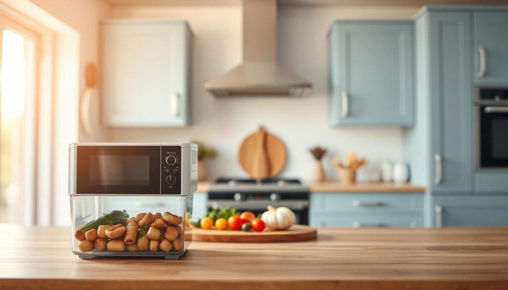 A contemporary kitchen interior with a minimalist aesthetic. In the foreground, a glass container filled with various reheating methods - microwaving, stovetop simmering, oven baking, and steaming - are neatly arranged. The middle ground showcases a wooden cutting board with fresh ingredients, hinting at meal preparation. The background features light blue cabinets and simple wall decor, creating a calming and efficient atmosphere. Warm, natural lighting illuminates the scene, emphasizing the importance of proper reheating for maintaining the fresh taste of meal-prepped dishes.