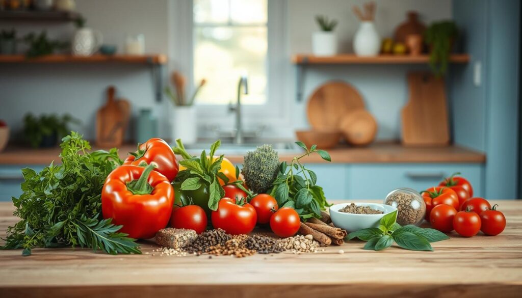 A contemporary, minimalist kitchen setting with a wooden countertop and light blue accents. Arrangement of various fresh ingredients on the counter, including vibrant bell peppers, juicy tomatoes, fragrant herbs, and an array of unique spices. Soft, natural lighting illuminates the scene, highlighting the textures and colors of the ingredients. The composition emphasizes the interplay of these innovative flavor combinations, conveying a sense of culinary experimentation and culinary inspiration.