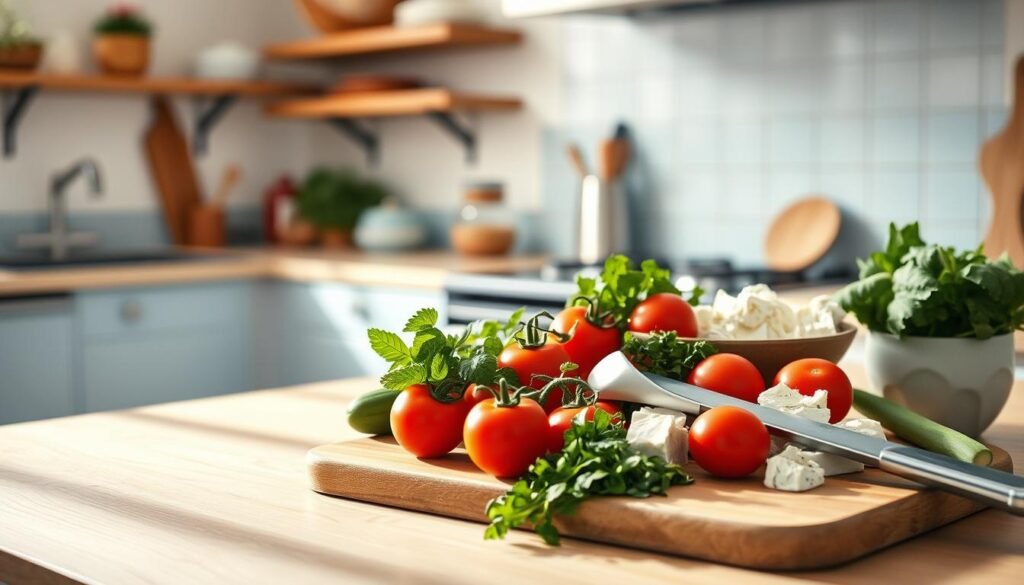 A cozy Mediterranean kitchen with warm wooden textures and light blue accents. On the counter, an array of fresh ingredients - juicy tomatoes, crisp cucumbers, fragrant herbs, and creamy feta. A cutting board with a sharp knife rests nearby, hinting at the meal prep to come. The scene is bathed in soft, natural light, creating a serene and inviting atmosphere. In the background, glimpses of simple kitchen shelves and a minimal, modern backsplash. This image captures the essence of a Mediterranean meal prep guide - wholesome, nourishing, and effortlessly stylish.