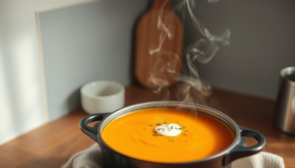 A cozy and inviting scene of a comforting butternut squash soup, gently simmering in a cast-iron pot on a wooden kitchen counter. The soup's vibrant orange hue is illuminated by warm, soft lighting, casting a gentle glow across the minimal, light blue-accented kitchen. Delicate wisps of steam rise from the pot, hinting at the soup's velvety texture and depth of flavor. Freshly chopped herbs and a swirl of cream or yogurt add a final touch of refinement, making this the perfect dish to enjoy on a chilly evening.