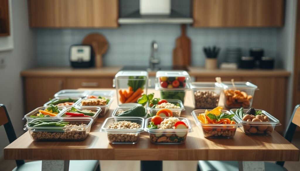 A cozy and minimal kitchen interior with warm wooden textures and light blue accents. In the center, a wooden table is adorned with a variety of meal prep containers, each filled with freshly prepared lunches. Vegetables, grains, and protein sources are neatly arranged, showcasing the strategies for successful meal prep. Soft, natural lighting illuminates the scene, creating a calming atmosphere. The overall composition emphasizes organization, efficiency, and the satisfaction of a well-planned weekly meal routine. No hands visible, the focus solely on the thoughtfully prepared meals.