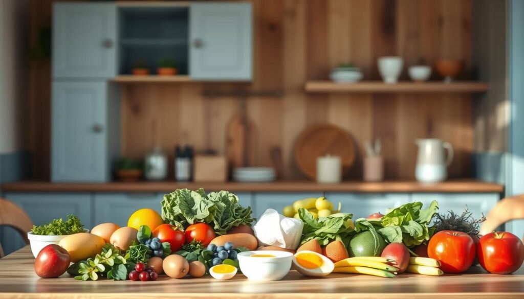 A cozy and minimal kitchen setting with wooden textures and light blue accents serves as the backdrop for an array of creative breakfast recipes and meal prep ideas. In the foreground, an assortment of fresh, vibrant ingredients are neatly arranged, including colorful fruits, leafy greens, and high-protein items like eggs and yogurt. The lighting is soft and natural, casting a warm glow over the scene. The scene conveys a sense of balance, organization, and healthy living, perfectly capturing the essence of the "Creative Breakfast Recipes and Meal Prep Ideas" section.
