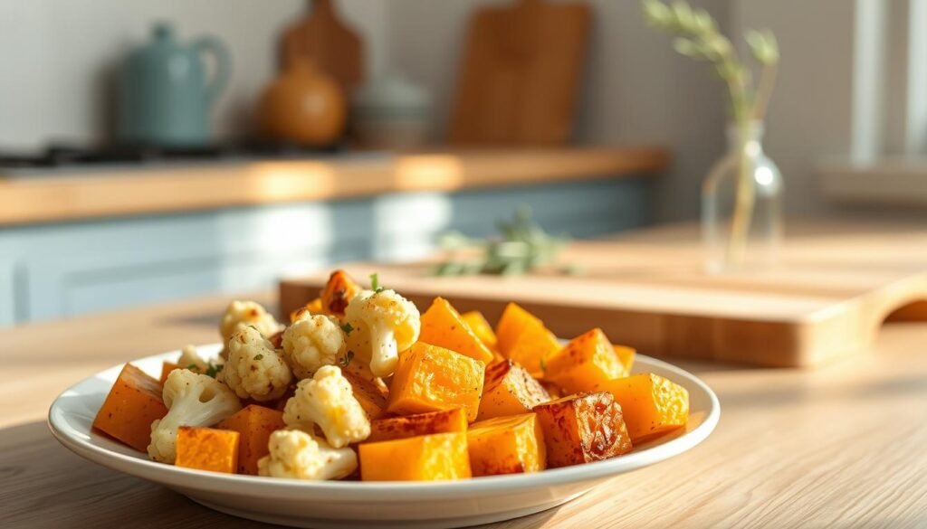 A cozy and minimal kitchen with warm wooden textures and light blue accents. In the foreground, a plate showcases a vibrant medley of roasted cauliflower florets and golden-hued sweet potato cubes, seasoned to perfection. The middle ground features a wooden cutting board with a few fresh herbs, casting soft shadows. In the background, a simple vase holds a single sprig of greenery, complementing the overall natural, wholesome feel. The lighting is soft and diffused, creating a serene atmosphere that invites you to savor the nourishing, well-balanced meal.