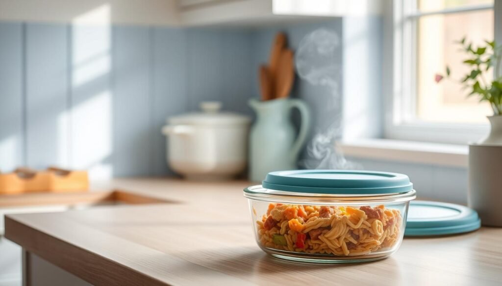 A cozy and minimalist kitchen with light blue accents and clean wooden textures. On the countertop, a glass food container filled with a warm, steaming meal sits next to a reusable silicone lid. The meal appears freshly prepared, its aroma filling the air. Soft, diffused lighting from a nearby window illuminates the scene, casting gentle shadows and highlighting the natural materials. The composition emphasizes the importance of proper storage and reheating to maintain the flavors and quality of a homemade office lunch.