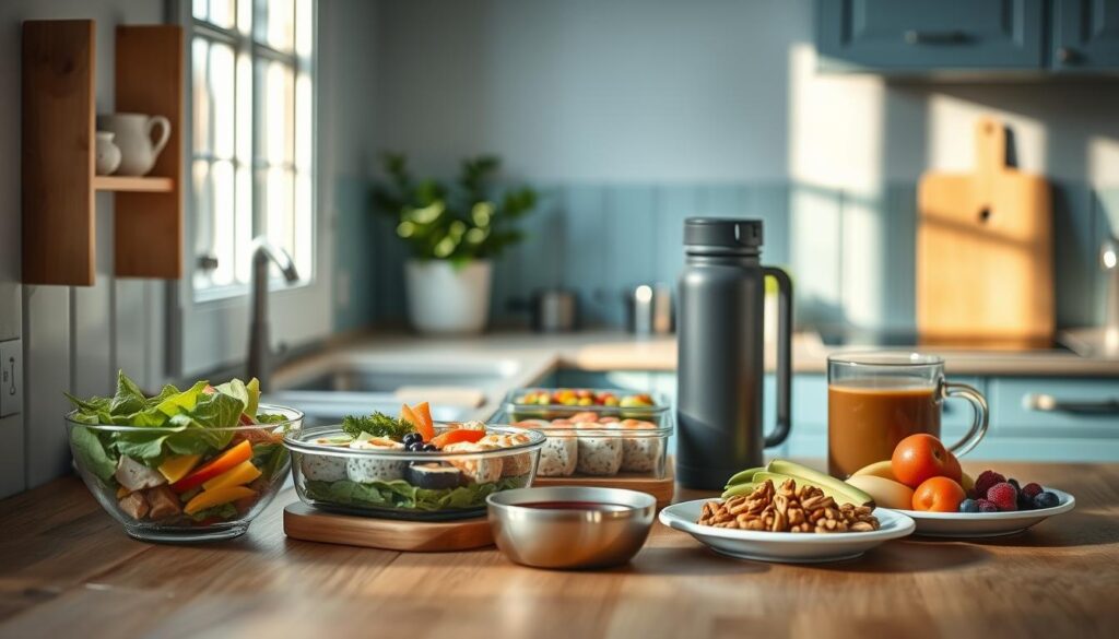 A cozy and minimalist kitchen with light blue accents. On the wooden countertop, an arrangement of various cold lunch dishes - a crisp salad in a glass bowl, a bento box filled with colorful sushi, a thermos of chilled soup, and a plate of fresh fruit and nuts. Soft, natural lighting filters through the window, casting a warm glow over the scene. The overall atmosphere is one of simplicity, nourishment, and global culinary inspiration, perfect for "No Heat Lunchbox Meals Flavor Profiles World Cuisines."