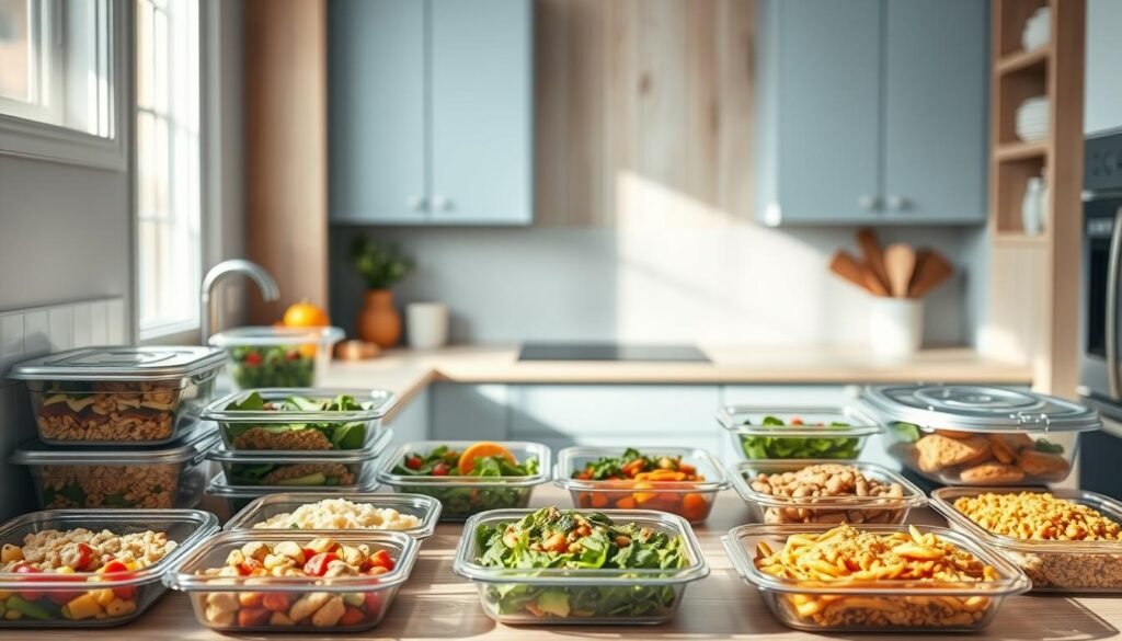 A cozy and minimalist kitchen with wooden textures and light blue accents showcases an assortment of neatly arranged meal prep containers. An array of colorful, balanced lunches fill the frame - from hearty grain bowls and vibrant salads to flavorful stir-fries and protein-packed entrees. The natural light filters in, casting a warm, inviting glow over the scene. The composition emphasizes the variety, convenience, and visual appeal of these easy-to-prepare, taste-bud-pleasing lunches, perfect for busy professionals seeking nutritious and satisfying midday meals.