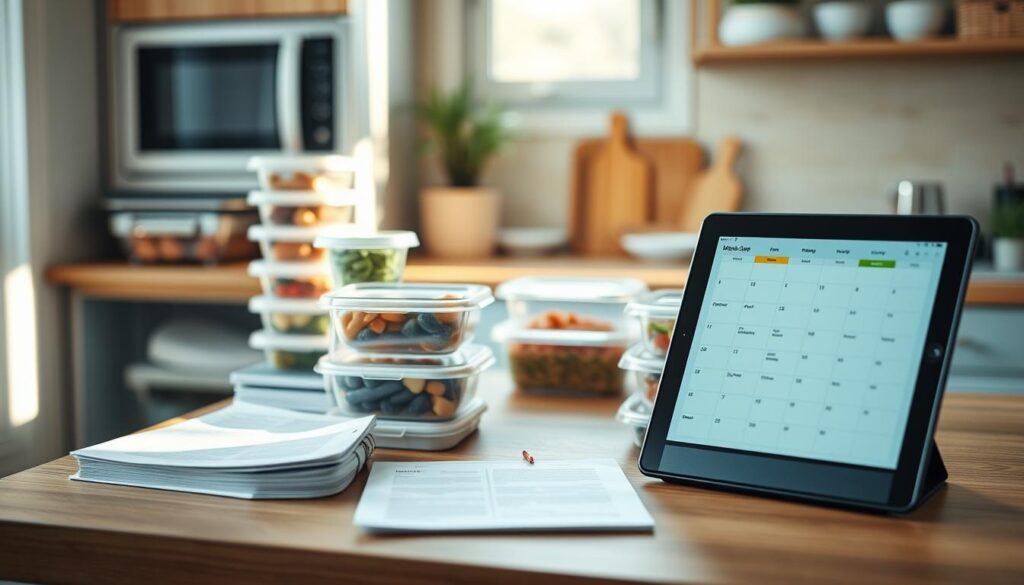 A cozy and minimalist kitchen with wooden textures and light blue accents. On the counter, a neatly arranged spread of various meal prep containers, recipe books, and a sleek tablet displaying a digital meal planning calendar. The composition focuses on the organization and planning aspects of office meal prep, with natural lighting highlighting the clean, organized workspace. The scene conveys a sense of efficiency, order, and a thoughtful approach to preparing Mexican cuisine without strong odors, perfect for the "Planning Your Office Meal Prep Menu" section of the article.