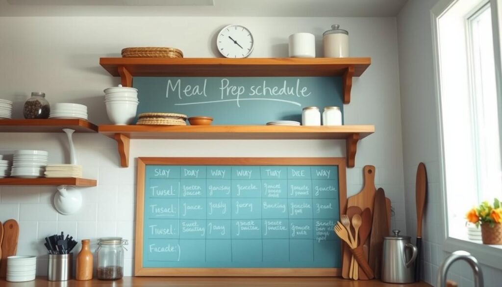 A cozy and organized kitchen with a monthly meal prep schedule displayed on a light blue chalkboard, surrounded by wooden shelves and minimal decor. The schedule is written in clean, easy-to-read handwriting, with each day's meal planned out. The lighting is soft and natural, creating a calming atmosphere. The camera angle is slightly above, giving a birds-eye view of the neatly arranged kitchen elements. The overall scene conveys a sense of control, efficiency, and a thoughtful approach to meal planning for the month ahead.