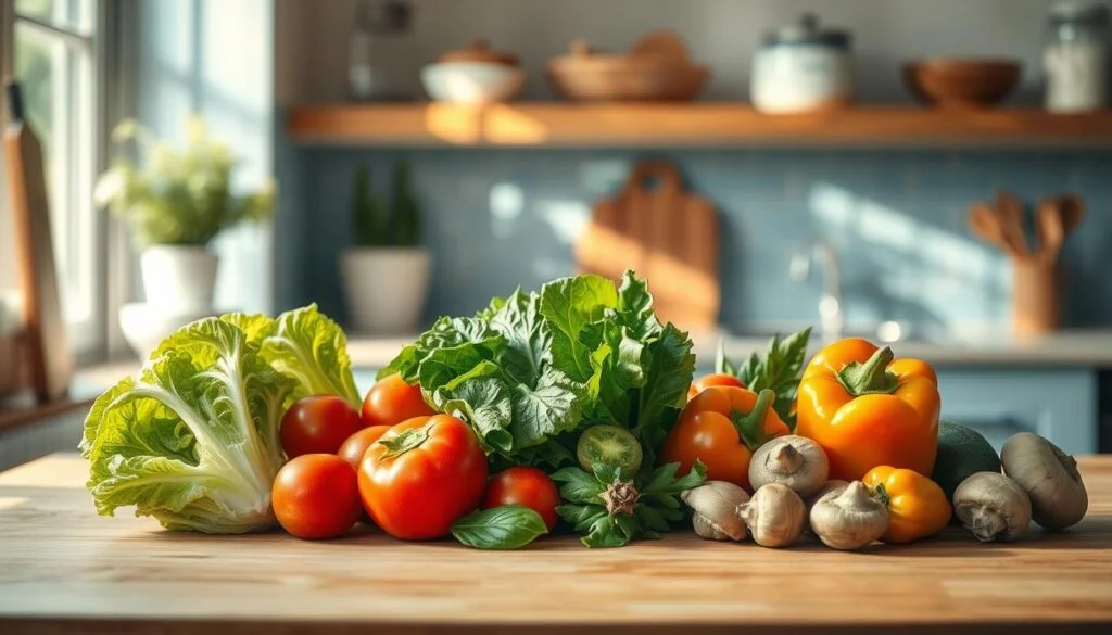 A cozy, bright kitchen with natural wood textures and light blue accents. On a clean wooden countertop, an array of fresh produce - crisp romaine lettuce, juicy tomatoes, crunchy cucumbers, vibrant bell peppers, and earthy mushrooms. Sunlight streams in, casting a warm glow over the ingredients, highlighting their vibrant colors and textures. The scene conveys a sense of culinary inspiration and healthy, wholesome preparation, setting the stage for crafting a nourishing power salad.